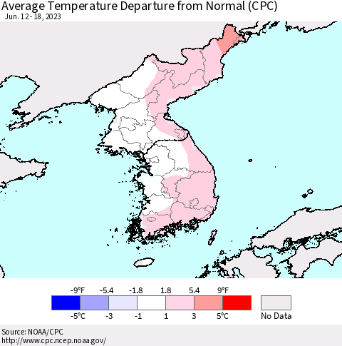 Korea Average Temperature Departure from Normal (CPC) Thematic Map For 6/12/2023 - 6/18/2023