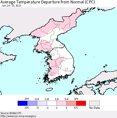 Korea Average Temperature Departure from Normal (CPC) Thematic Map For 6/19/2023 - 6/25/2023