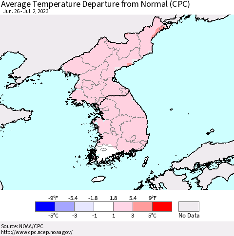 Korea Average Temperature Departure from Normal (CPC) Thematic Map For 6/26/2023 - 7/2/2023