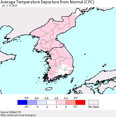 Korea Average Temperature Departure from Normal (CPC) Thematic Map For 7/3/2023 - 7/9/2023