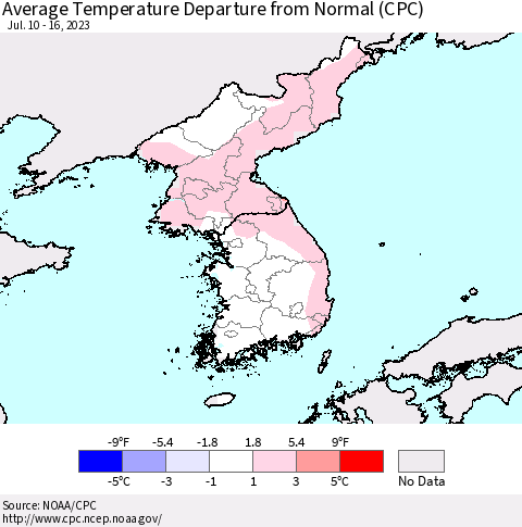 Korea Average Temperature Departure from Normal (CPC) Thematic Map For 7/10/2023 - 7/16/2023