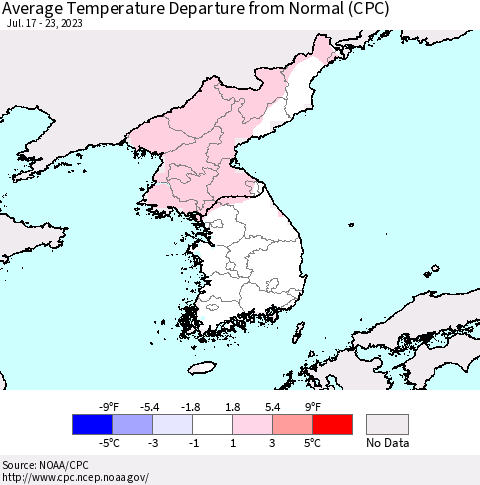 Korea Average Temperature Departure from Normal (CPC) Thematic Map For 7/17/2023 - 7/23/2023