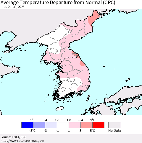 Korea Average Temperature Departure from Normal (CPC) Thematic Map For 7/24/2023 - 7/30/2023