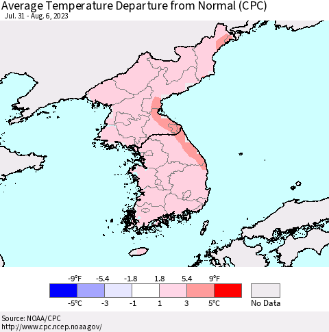Korea Average Temperature Departure from Normal (CPC) Thematic Map For 7/31/2023 - 8/6/2023