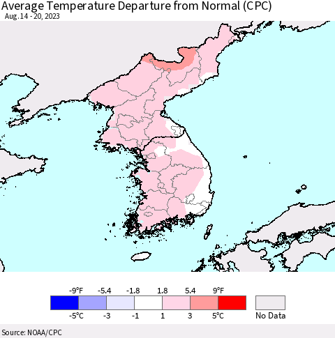Korea Average Temperature Departure from Normal (CPC) Thematic Map For 8/14/2023 - 8/20/2023