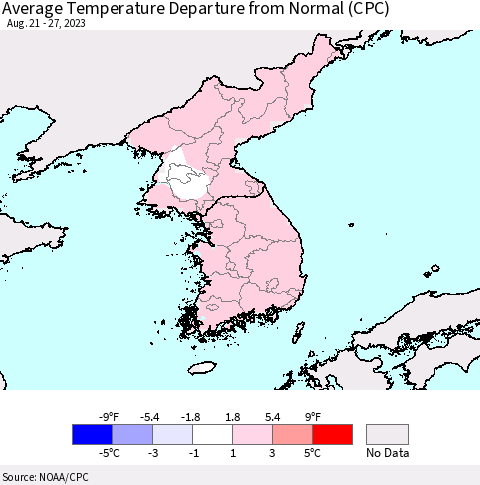 Korea Average Temperature Departure from Normal (CPC) Thematic Map For 8/21/2023 - 8/27/2023