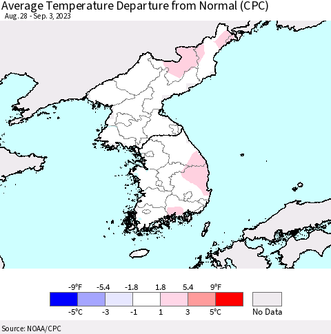 Korea Average Temperature Departure from Normal (CPC) Thematic Map For 8/28/2023 - 9/3/2023