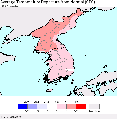 Korea Average Temperature Departure from Normal (CPC) Thematic Map For 9/4/2023 - 9/10/2023