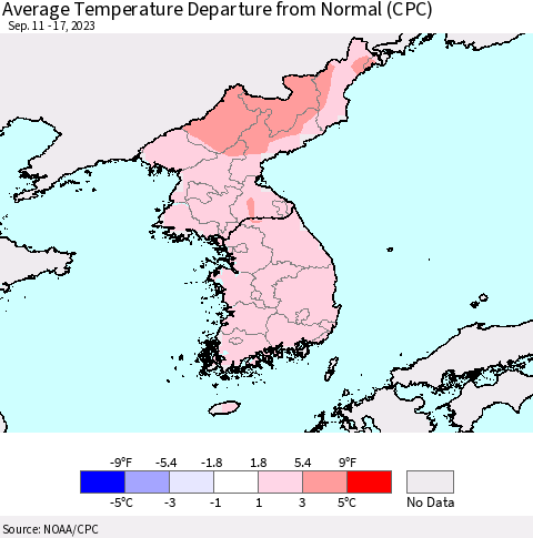 Korea Average Temperature Departure from Normal (CPC) Thematic Map For 9/11/2023 - 9/17/2023