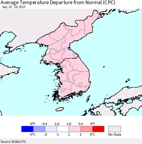 Korea Average Temperature Departure from Normal (CPC) Thematic Map For 9/18/2023 - 9/24/2023