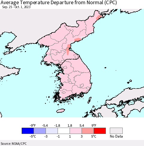 Korea Average Temperature Departure from Normal (CPC) Thematic Map For 9/25/2023 - 10/1/2023