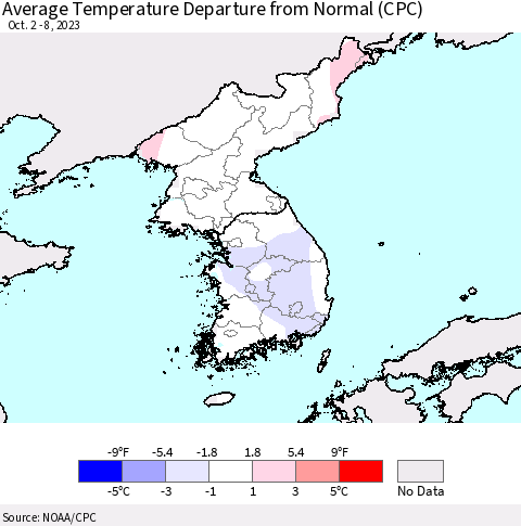 Korea Average Temperature Departure from Normal (CPC) Thematic Map For 10/2/2023 - 10/8/2023