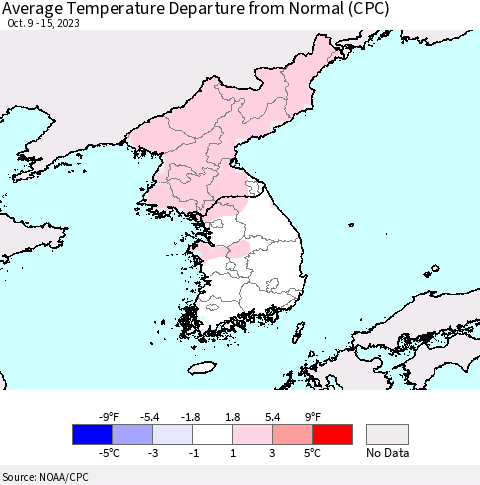 Korea Average Temperature Departure from Normal (CPC) Thematic Map For 10/9/2023 - 10/15/2023