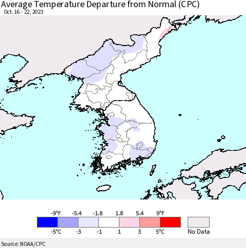 Korea Average Temperature Departure from Normal (CPC) Thematic Map For 10/16/2023 - 10/22/2023