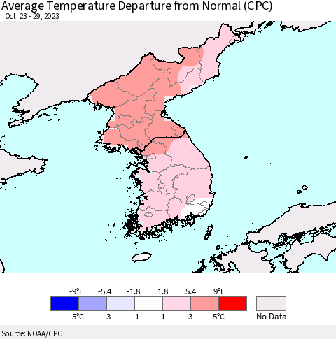 Korea Average Temperature Departure from Normal (CPC) Thematic Map For 10/23/2023 - 10/29/2023