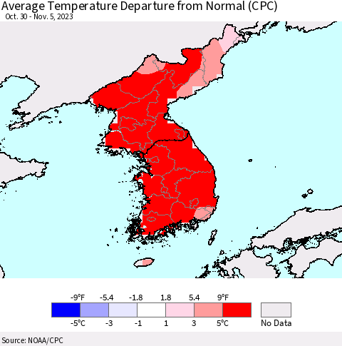 Korea Average Temperature Departure from Normal (CPC) Thematic Map For 10/30/2023 - 11/5/2023