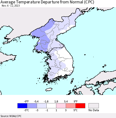 Korea Average Temperature Departure from Normal (CPC) Thematic Map For 11/6/2023 - 11/12/2023
