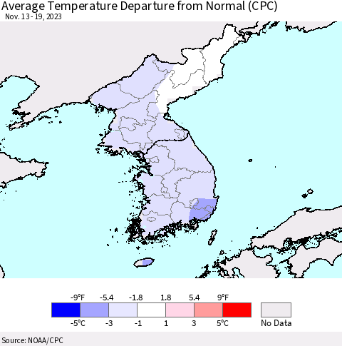 Korea Average Temperature Departure from Normal (CPC) Thematic Map For 11/13/2023 - 11/19/2023