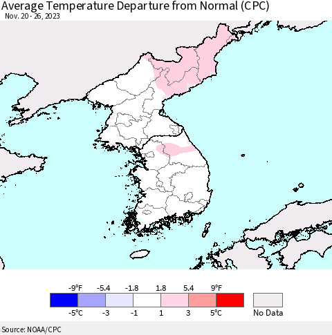 Korea Average Temperature Departure from Normal (CPC) Thematic Map For 11/20/2023 - 11/26/2023