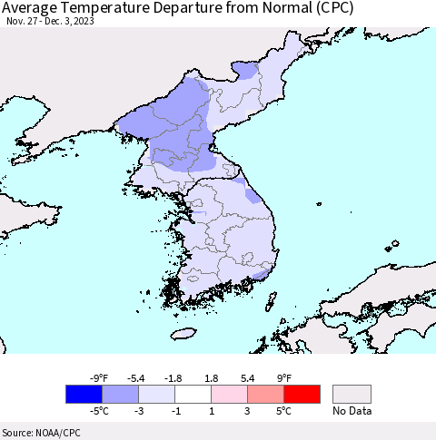 Korea Average Temperature Departure from Normal (CPC) Thematic Map For 11/27/2023 - 12/3/2023