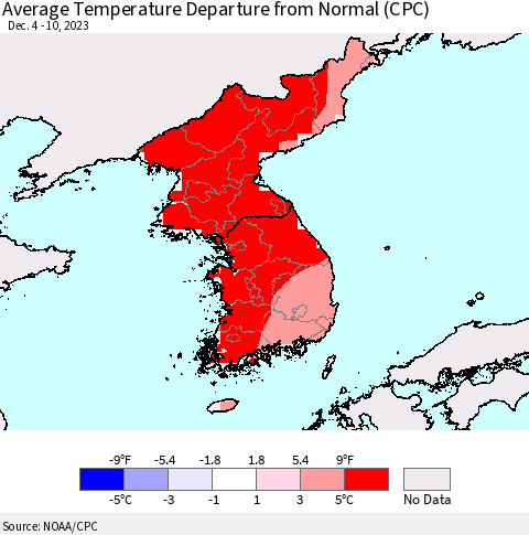 Korea Average Temperature Departure from Normal (CPC) Thematic Map For 12/4/2023 - 12/10/2023