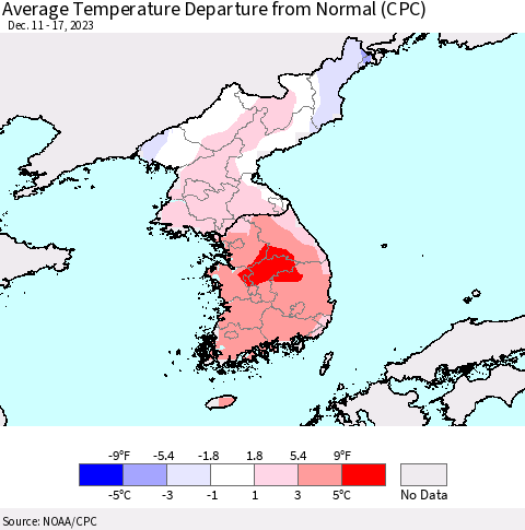 Korea Average Temperature Departure from Normal (CPC) Thematic Map For 12/11/2023 - 12/17/2023