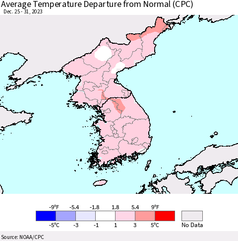 Korea Average Temperature Departure from Normal (CPC) Thematic Map For 12/25/2023 - 12/31/2023