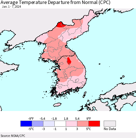 Korea Average Temperature Departure from Normal (CPC) Thematic Map For 1/1/2024 - 1/7/2024