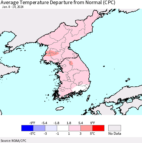 Korea Average Temperature Departure from Normal (CPC) Thematic Map For 1/8/2024 - 1/14/2024