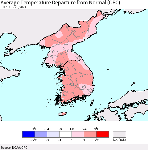 Korea Average Temperature Departure from Normal (CPC) Thematic Map For 1/15/2024 - 1/21/2024