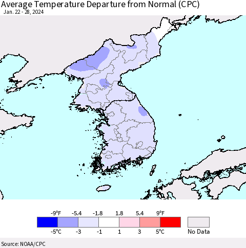 Korea Average Temperature Departure from Normal (CPC) Thematic Map For 1/22/2024 - 1/28/2024