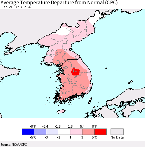 Korea Average Temperature Departure from Normal (CPC) Thematic Map For 1/29/2024 - 2/4/2024