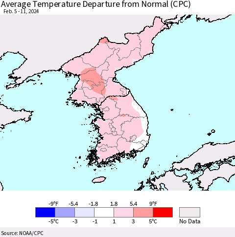 Korea Average Temperature Departure from Normal (CPC) Thematic Map For 2/5/2024 - 2/11/2024