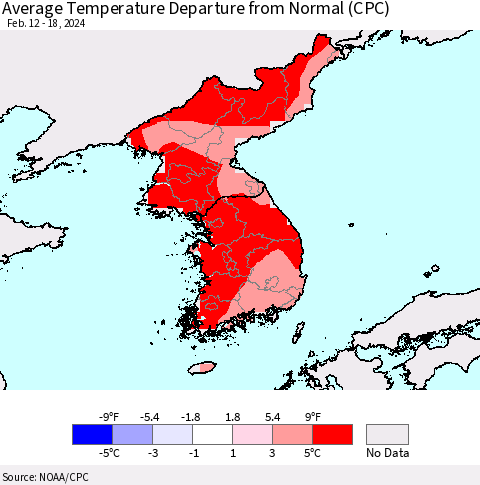 Korea Average Temperature Departure from Normal (CPC) Thematic Map For 2/12/2024 - 2/18/2024
