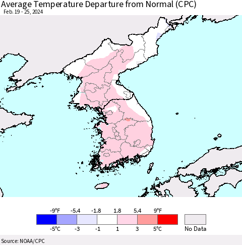 Korea Average Temperature Departure from Normal (CPC) Thematic Map For 2/19/2024 - 2/25/2024