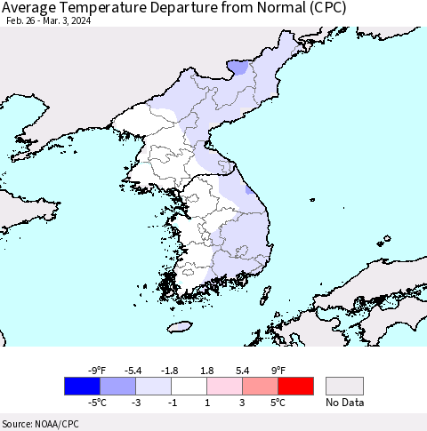 Korea Average Temperature Departure from Normal (CPC) Thematic Map For 2/26/2024 - 3/3/2024