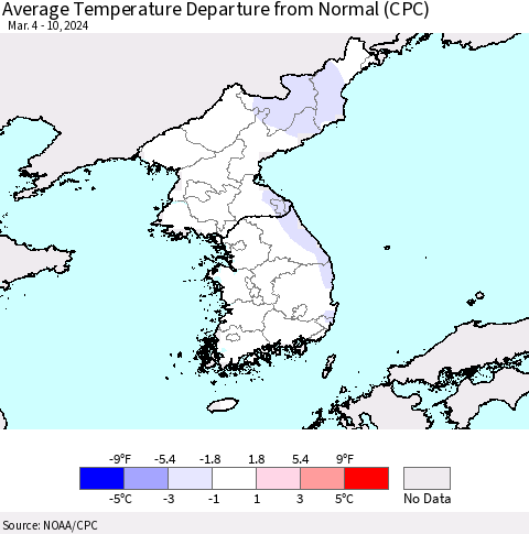 Korea Average Temperature Departure from Normal (CPC) Thematic Map For 3/4/2024 - 3/10/2024