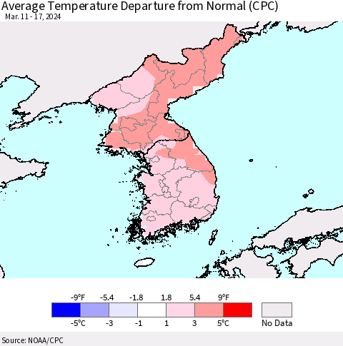 Korea Average Temperature Departure from Normal (CPC) Thematic Map For 3/11/2024 - 3/17/2024
