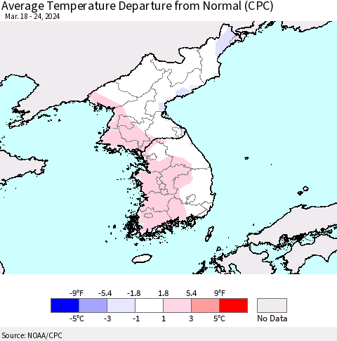 Korea Average Temperature Departure from Normal (CPC) Thematic Map For 3/18/2024 - 3/24/2024