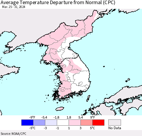 Korea Average Temperature Departure from Normal (CPC) Thematic Map For 3/25/2024 - 3/31/2024