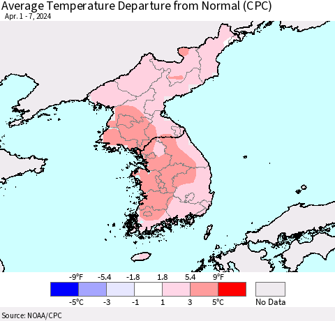 Korea Average Temperature Departure from Normal (CPC) Thematic Map For 4/1/2024 - 4/7/2024