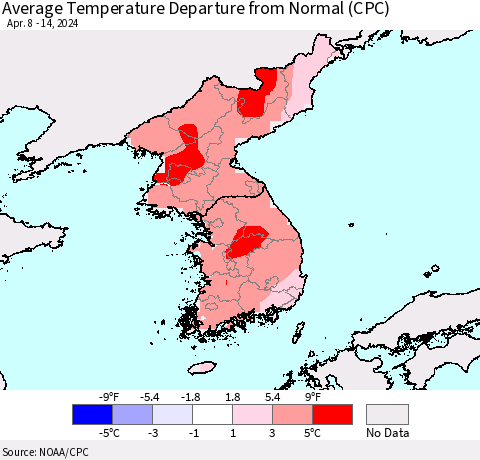 Korea Average Temperature Departure from Normal (CPC) Thematic Map For 4/8/2024 - 4/14/2024