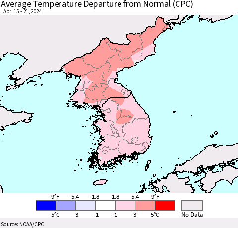 Korea Average Temperature Departure from Normal (CPC) Thematic Map For 4/15/2024 - 4/21/2024