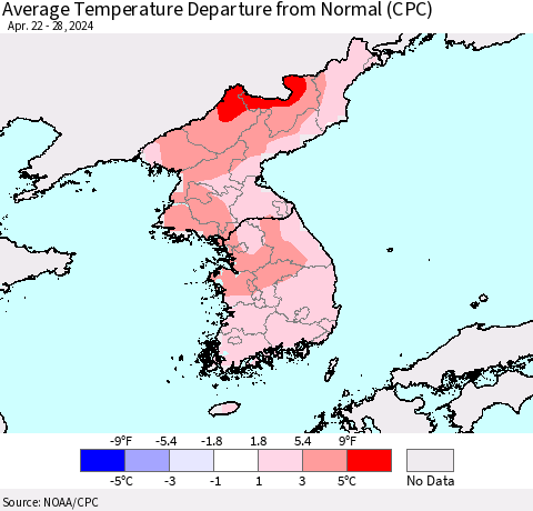 Korea Average Temperature Departure from Normal (CPC) Thematic Map For 4/22/2024 - 4/28/2024