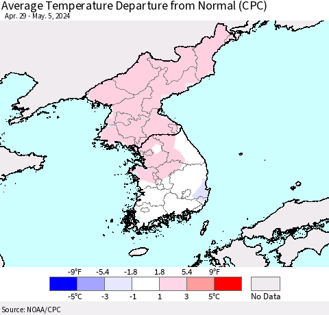 Korea Average Temperature Departure from Normal (CPC) Thematic Map For 4/29/2024 - 5/5/2024