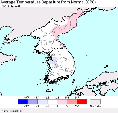 Korea Average Temperature Departure from Normal (CPC) Thematic Map For 5/6/2024 - 5/12/2024