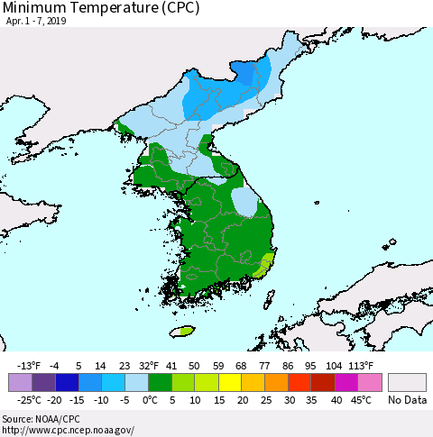 Korea Mean Minimum Temperature (CPC) Thematic Map For 4/1/2019 - 4/7/2019