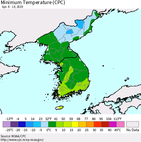 Korea Mean Minimum Temperature (CPC) Thematic Map For 4/8/2019 - 4/14/2019