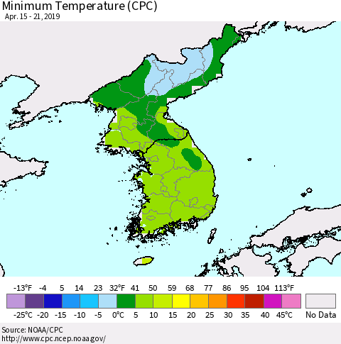 Korea Mean Minimum Temperature (CPC) Thematic Map For 4/15/2019 - 4/21/2019