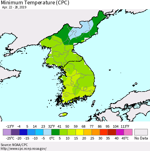 Korea Mean Minimum Temperature (CPC) Thematic Map For 4/22/2019 - 4/28/2019